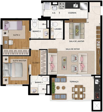 Planta do Apartamento de 86m² com 2 suítes do Cidade Maia Botânica