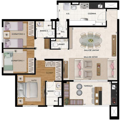 Planta do Apartamento de 106m² com 3 dormitórios do Cidade Maia Botânica