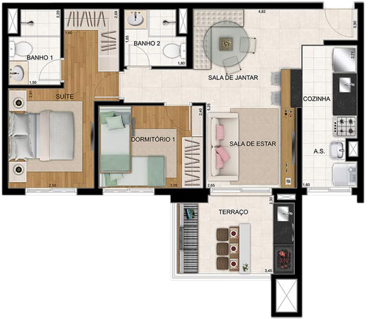 Planta do Apartamento de 68m² com 2 dormitórios do Cidade Maia Botânica