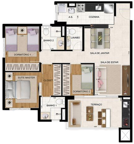 Planta do Apartamento de 86m² com 3 dormitórios do Cidade Maia Botânica