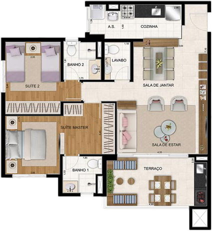 Planta do Apartamento de 86m² com 2 suítes do Cidade Maia Jardim