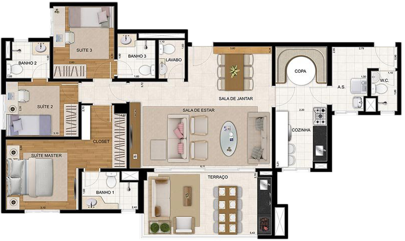 Planta do Apartamento de 122m² com 3 suítes do Cidade Maia Jardim