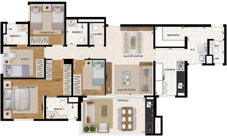 Planta do Apartamento de 122m² com 4 dormitórios do Cidade Maia Jardim