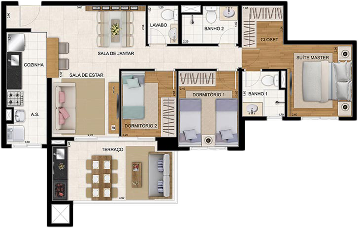 Planta do Apartamento de 86m² com 3 dorms. do Cidade Maia Jardim