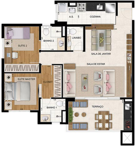 Planta do Apartamento de 86m² com 2 suítes do Cidade Maia Praça