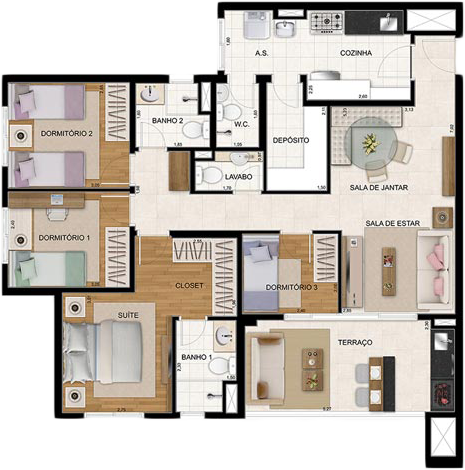 Planta do Apartamento de 106m² com 4 dormitórios do Cidade Maia Praça