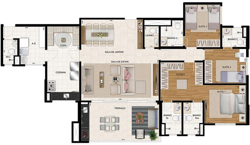 Planta do Apartamento de 154m² com 3 suítes do Cidade Maia Reserva