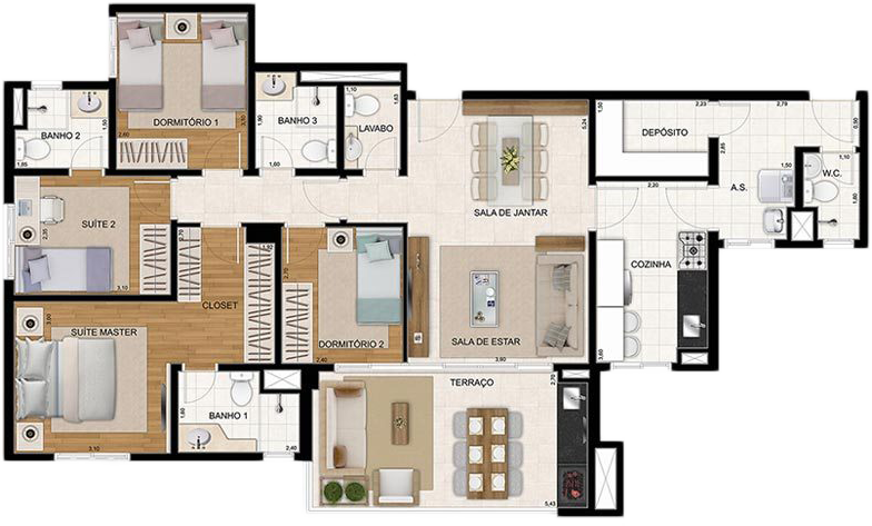 Planta do Apartamento de 122m² com 4 dormitórios do Cidade Maia Reserva