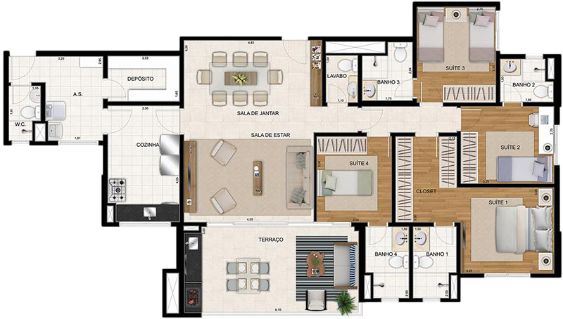 Planta do Apartamento de 154m² com 4 dormitórios do Cidade Maia Reserva